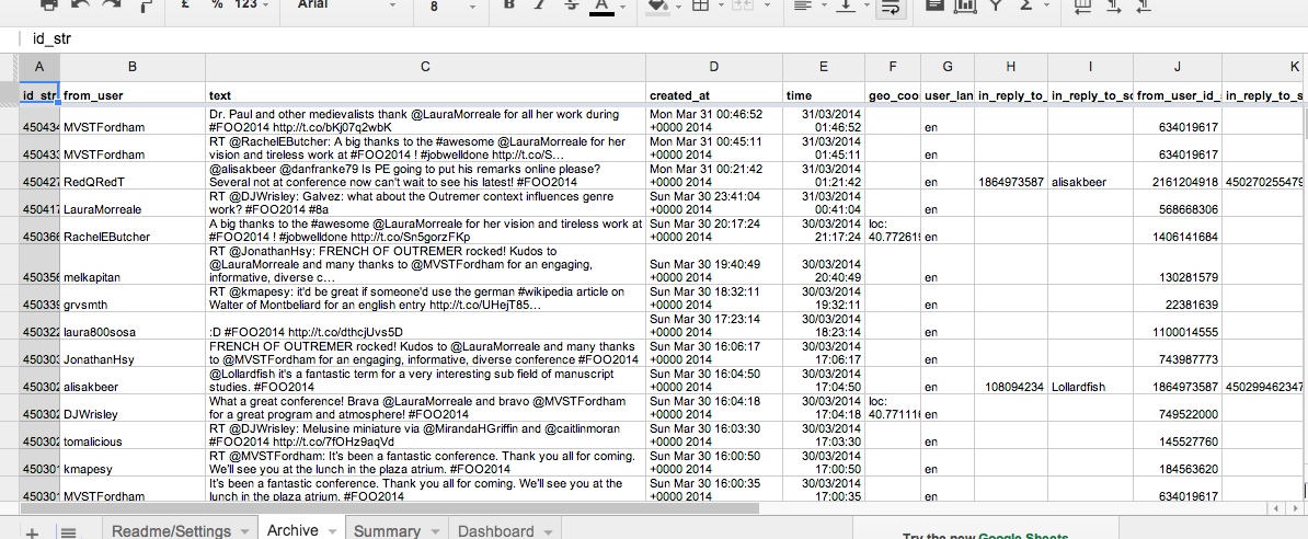 Screenshot of #FOO2014 Twitter archive spreadsheet